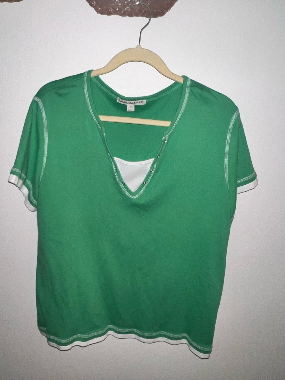 Carolyn Taylor Green Short Sleeve Layered V-Neck Tee with White Trim